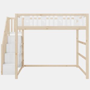 Cama alta para crianças 140x200 - Escada, madeira maciça, grade de segurança, decoração com estrelas e lua - Natural+Branco