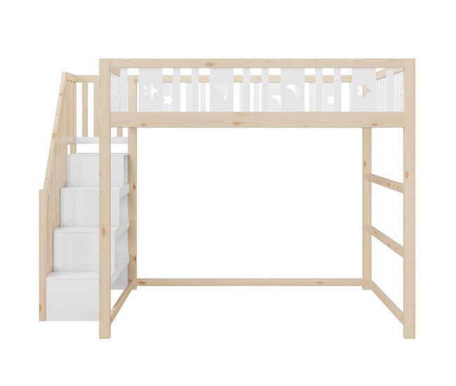 Cama alta para niños 140x200 - escalera, madera maciza, barandilla de seguridad, decoración de estrellas y luna - natural+blanco