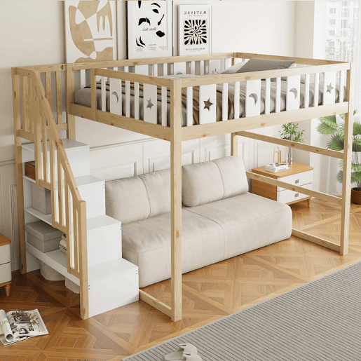Cama alta para crianças 140x200 - Escada, madeira maciça, grade de segurança, decoração com estrelas e lua - Natural+Branco