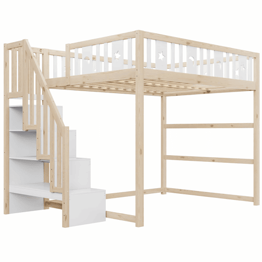 Cama alta para crianças 140x200 - Escada, madeira maciça, grade de segurança, decoração com estrelas e lua - Natural+Branco