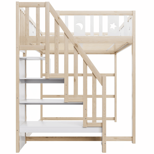 Cama alta para crianças 140x200 - Escada, madeira maciça, grade de segurança, decoração com estrelas e lua - Natural+Branco