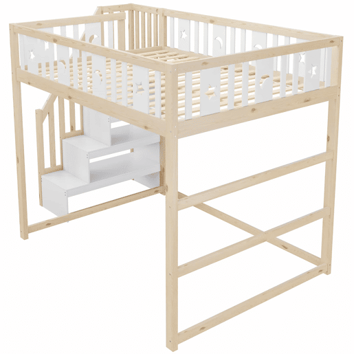 Cama alta para crianças 140x200 - Escada, madeira maciça, grade de segurança, decoração com estrelas e lua - Natural+Branco
