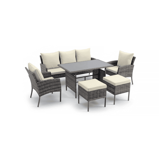 Conjunto de sofá, 2 cadeiras, mesa e 2 pufes em rattan PE. Mobiliário para jardim e pátio, rattan cinza. Conjunto de sofá, 2 cadeiras, mesa e 2 pufes em rattan PE. Mobiliário para jardim e pátio, rattan cinza.
