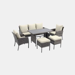 Conjunto de sofá, 2 cadeiras, mesa e 2 pufes em rattan PE. Mobiliário para jardim e pátio, rattan cinza.