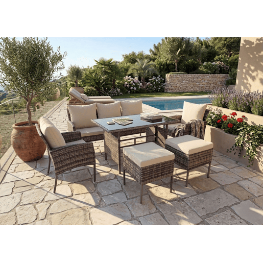 Conjunto de sofá, 2 cadeiras, mesa e 2 pufes em rattan PE. Mobiliário para jardim e pátio, rattan cinza. Conjunto de sofá, 2 cadeiras, mesa e 2 pufes em rattan PE. Mobiliário para jardim e pátio, rattan cinza.