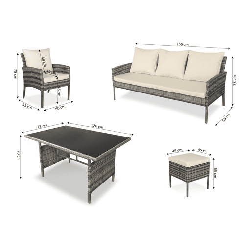Conjunto de sofá, 2 cadeiras, mesa e 2 pufes em rattan PE. Mobiliário para jardim e pátio, rattan cinza. Conjunto de sofá, 2 cadeiras, mesa e 2 pufes em rattan PE. Mobiliário para jardim e pátio, rattan cinza.