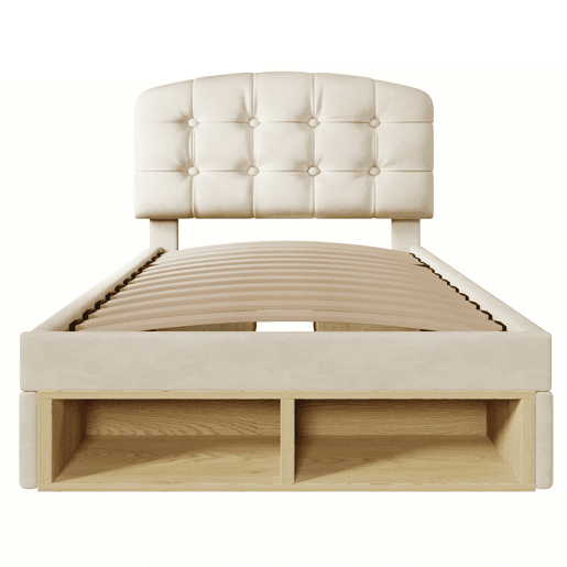 Cama individual 90x200 - estofada em veludo, cabeceira curva ajustável, com gavetas e espaço de arrumação - bege