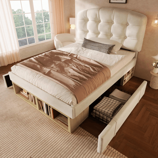 Cama individual 90x200 - estofada em veludo, cabeceira curva ajustável, com gavetas e espaço de arrumação - bege