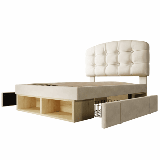 Cama individual 90x200 - estofada em veludo, cabeceira curva ajustável, com gavetas e espaço de arrumação - bege