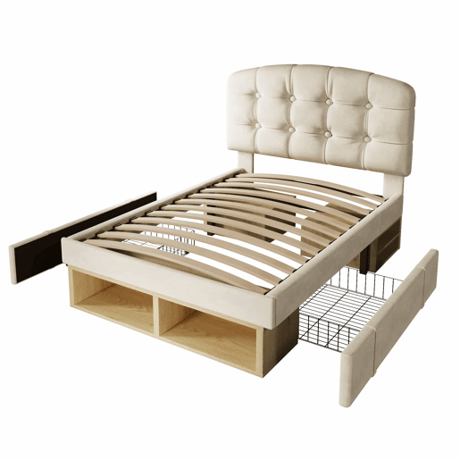 Cama individual 90x200 - estofada em veludo, cabeceira curva ajustável, com gavetas e espaço de arrumação - bege