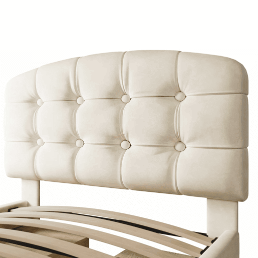 Cama individual 90x200 - estofada em veludo, cabeceira curva ajustável, com gavetas e espaço de arrumação - bege