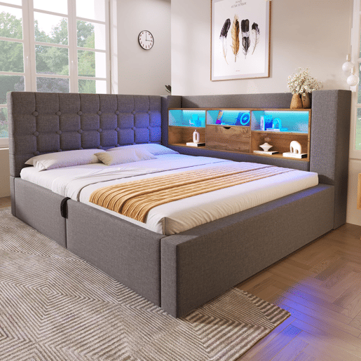 Cama estofada 140x200 - LED, armazenamento hidráulico, cabeceira em L, reversível - Cinza