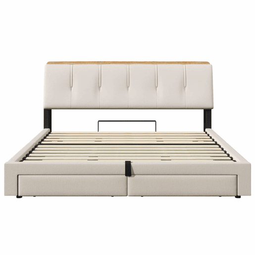 Cama estofada 180x200 cm - Armazenamento hidráulico, USB Tipo-C, LED, Multifuncional, Lona - Bege
