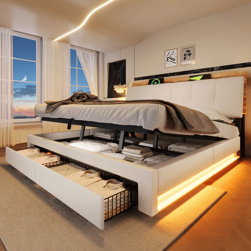 Cama estofada 180x200 cm - Armazenamento hidráulico, USB Tipo-C, LED, Multifuncional, Lona - Bege