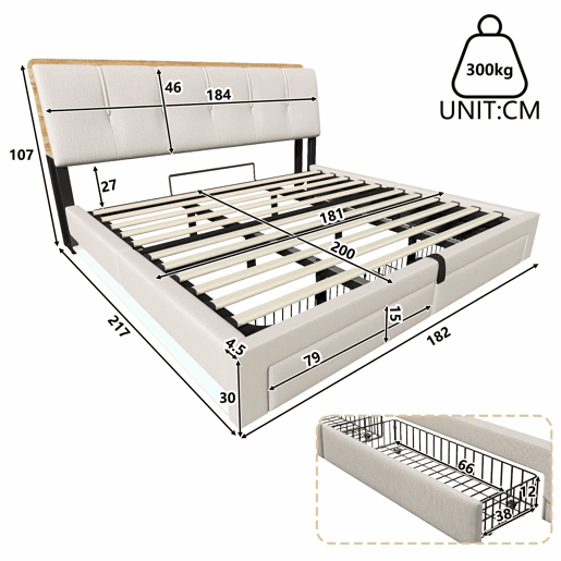 Cama estofada 180x200 cm - Armazenamento hidráulico, USB Tipo-C, LED, Multifuncional, Lona - Bege