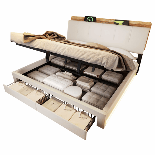 Cama estofada 180x200 cm - Armazenamento hidráulico, USB Tipo-C, LED, Multifuncional, Lona - Bege