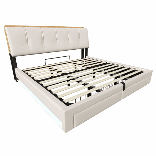 Cama estofada 180x200 cm - Armazenamento hidráulico, USB Tipo-C, LED, Multifuncional, Lona - Bege