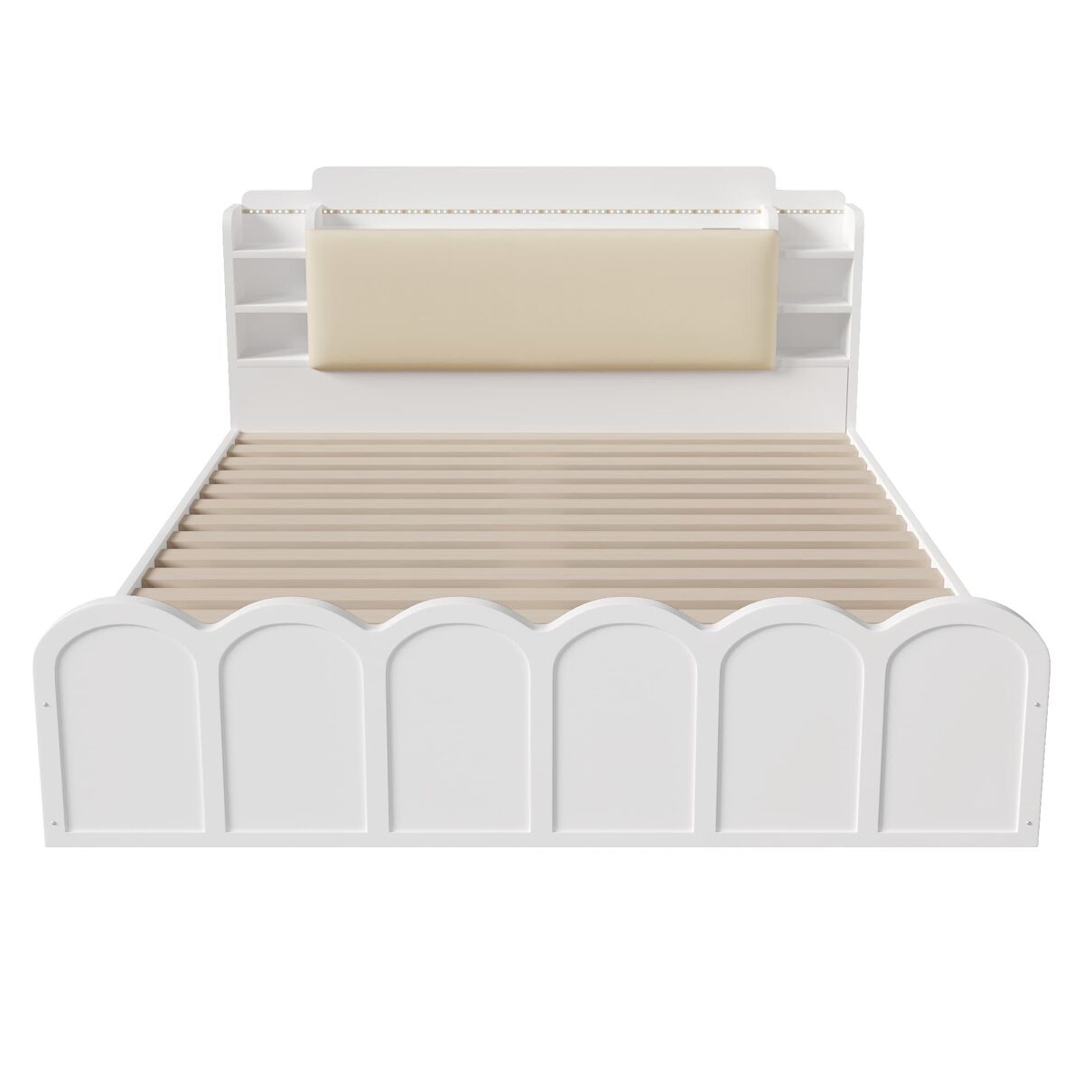 Cama panel 140x200 cm - hidráulica, led, usb-c, almacenamiento multifuncional - blanco
