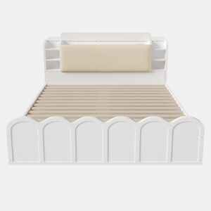 Cama com painel 140x200 cm - Hidráulica, LED, USB-C, armazenamento multifuncional - Branco