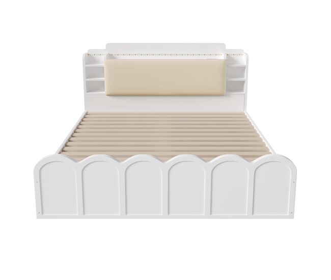 Cama panel 140x200 cm - hidráulica, led, usb-c, almacenamiento multifuncional - blanco