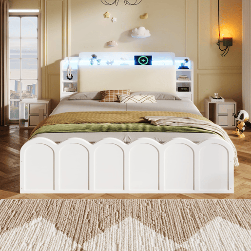 Cama com painel 140x200 cm - Hidráulica, LED, USB-C, armazenamento multifuncional - Branco