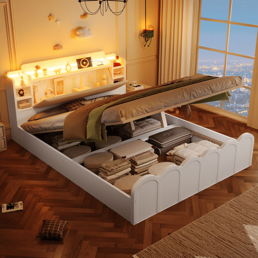 Cama com painel 140x200 cm - Hidráulica, LED, USB-C, armazenamento multifuncional - Branco