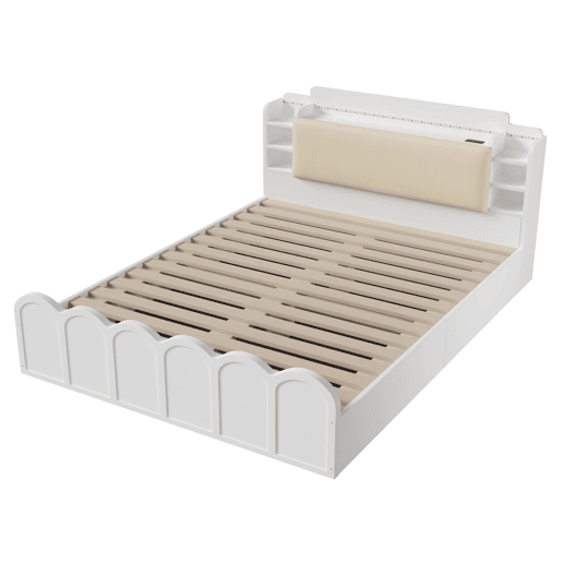 Cama com painel 140x200 cm - Hidráulica, LED, USB-C, armazenamento multifuncional - Branco