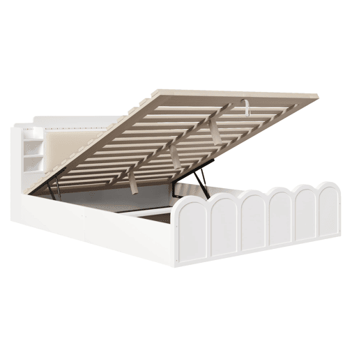 Cama com painel 140x200 cm - Hidráulica, LED, USB-C, armazenamento multifuncional - Branco