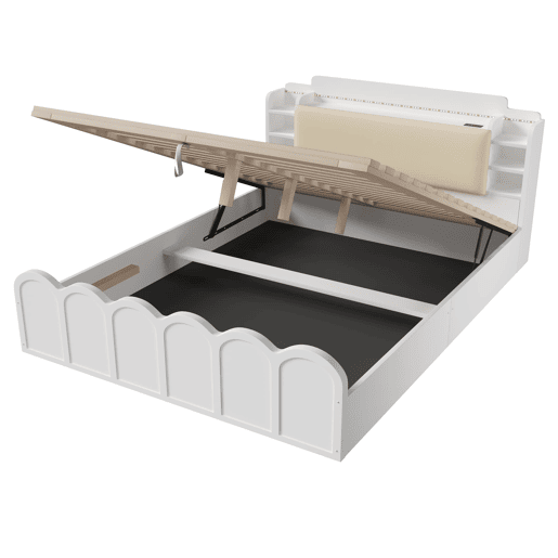 Cama com painel 140x200 cm - Hidráulica, LED, USB-C, armazenamento multifuncional - Branco