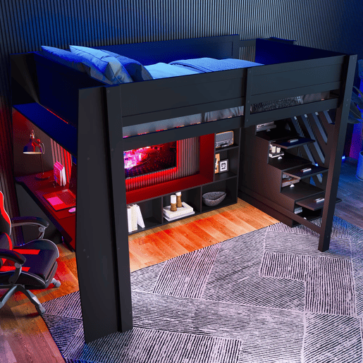 Cama alta 140x200 - secretária, armazenamento múltiplo, LED e escada com espaço - Preto