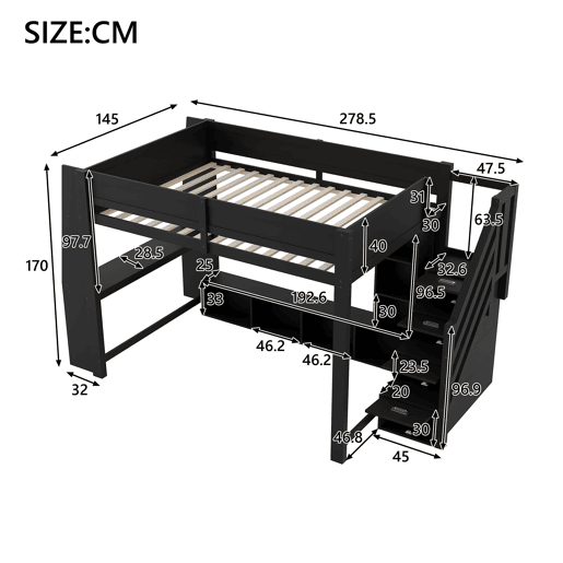 Cama alta 140x200 - secretária, armazenamento múltiplo, LED e escada com espaço - Preto