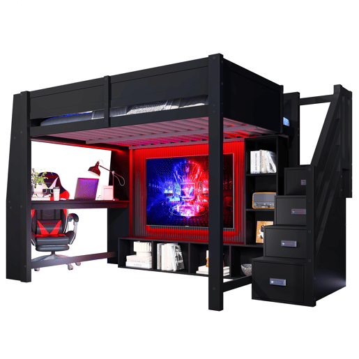 Cama alta 140x200 - secretária, armazenamento múltiplo, LED e escada com espaço - Preto