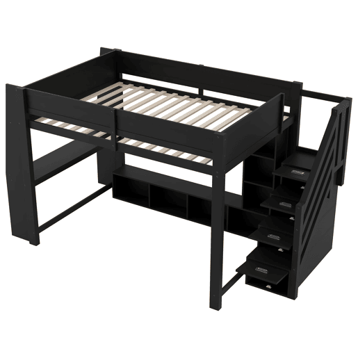 Cama alta 140x200 - secretária, armazenamento múltiplo, LED e escada com espaço - Preto