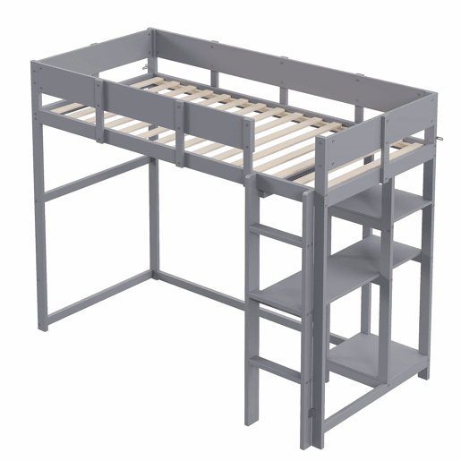 Cama alta 90x200 cm - Estrutura em madeira maciça de pinho com prateleira e base de colchão, para crianças e adolescentes - Cinza