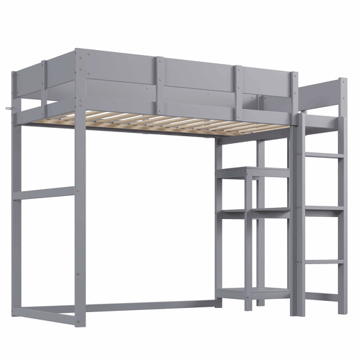 Cama alta 90x200 cm - Estrutura em madeira maciça de pinho com prateleira e base de colchão, para crianças e adolescentes - Cinza