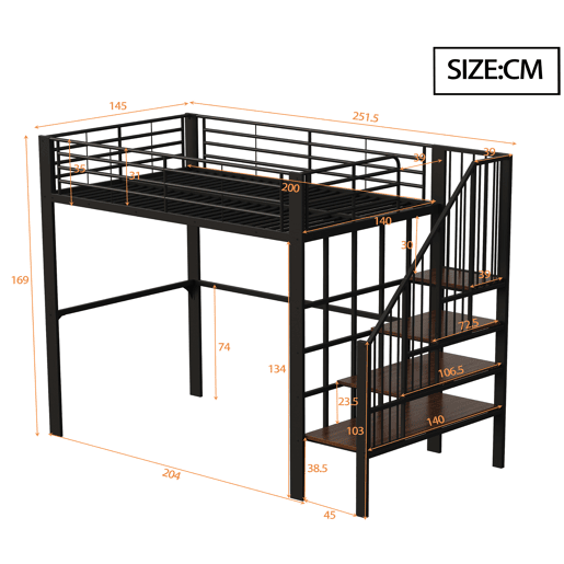 Cama alta de metal 140 x 200 cm - estrutura estável com amplo espaço de arrumação debaixo da cama e escada, ideal para crianças e adultos - preto