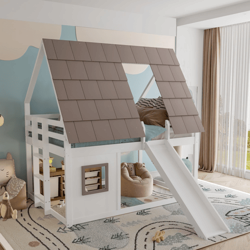 Cama alta de madeira 140x200 - com teto, escada e escorregador - Branco e Castanho