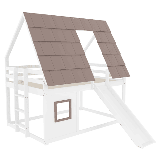 Cama alta de madeira 140x200 - com teto, escada e escorregador - Branco e Castanho