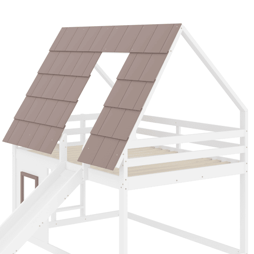 Cama alta de madeira 140x200 - com teto, escada e escorregador - Branco e Castanho