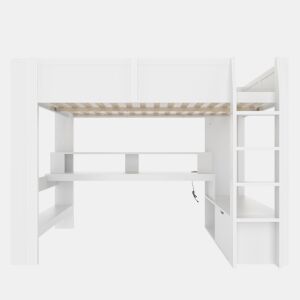 Cama alta 140x200 cm - Cama gaming com secretária, LED, gaveta, prateleiras, sem colchão - Branco