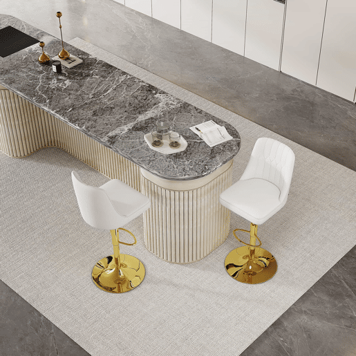Bancos de bar (2 unidades) - Ajustáveis, giratórios a 360°, encosto almofadado em PU branco - Branco e dourado