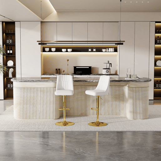 Bancos de bar (2 unidades) - Ajustáveis, giratórios a 360°, encosto almofadado em PU branco - Branco e dourado