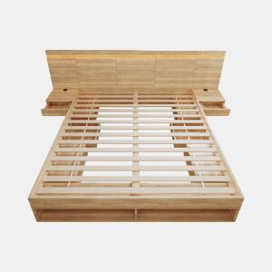 Cama de casal 180x200 cm - cama com arrumação, cama juvenil em madeira com estação de carregamento USB e Type-C, iluminação LED, 2 mesas de cabeceira e gavetas - cor natural
