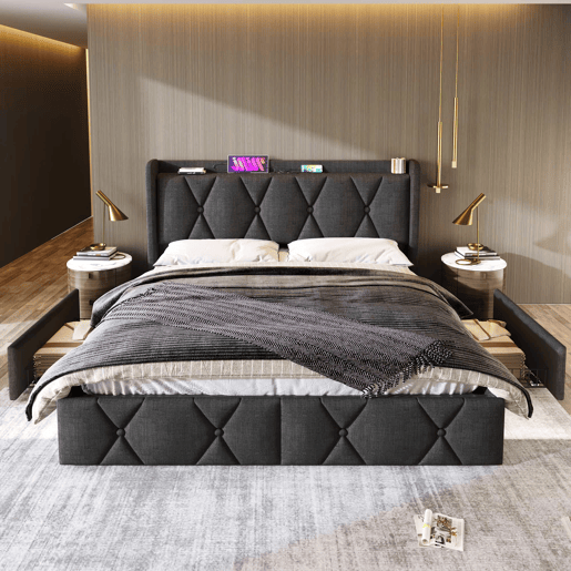 Cama estofada 160x200 cm - com porta USB, cabeceira e 4 gavetas de arrumação, base de madeira - cinzenta