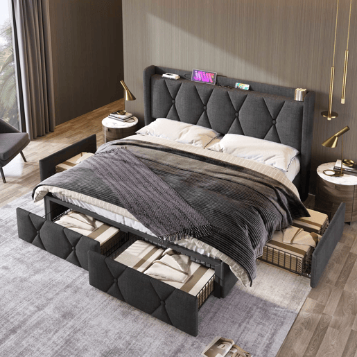 Cama estofada 160x200 cm - com porta USB, cabeceira e 4 gavetas de arrumação, base de madeira - cinzenta