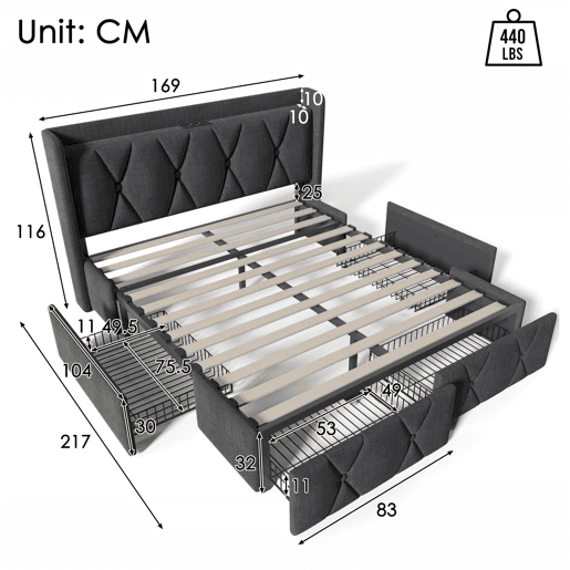 Cama estofada 160x200 cm - com porta USB, cabeceira e 4 gavetas de arrumação, base de madeira - cinzenta