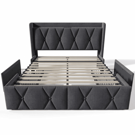 Cama estofada 160x200 cm - com porta USB, cabeceira e 4 gavetas de arrumação, base de madeira - cinzenta