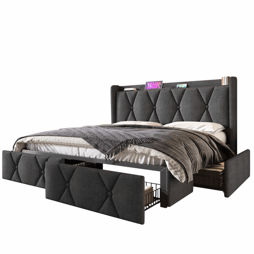 Cama estofada 160x200 cm - com porta USB, cabeceira e 4 gavetas de arrumação, base de madeira - cinzenta