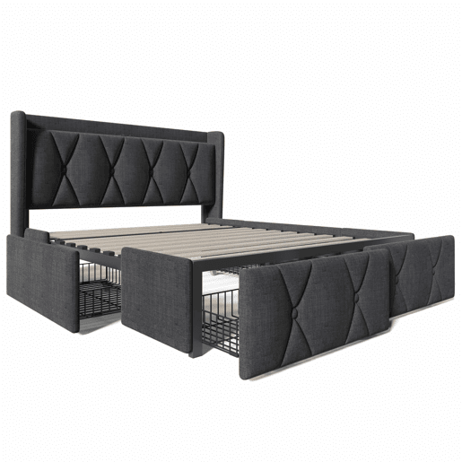 Cama estofada 160x200 cm - com porta USB, cabeceira e 4 gavetas de arrumação, base de madeira - cinzenta