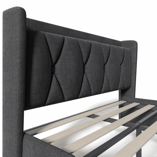 Cama estofada 160x200 cm - com porta USB, cabeceira e 4 gavetas de arrumação, base de madeira - cinzenta